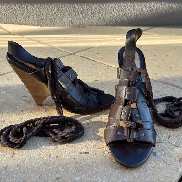 L.A.M.B. Trianna Brown Leather Lace Up Wedge Gladiator Sandals size 8 - Picture 3 of 14